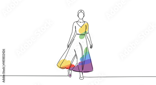 Fashion model walking gracefully in a colorful dress against a plain background  
