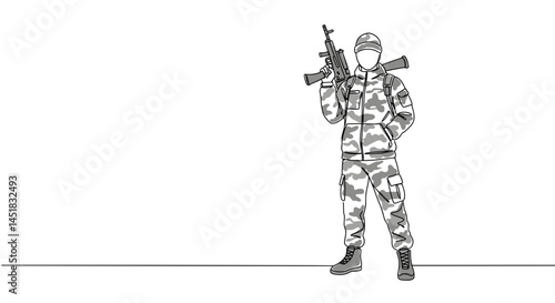 Armed Soldier in Camouflage Uniform Standing with Rifle  