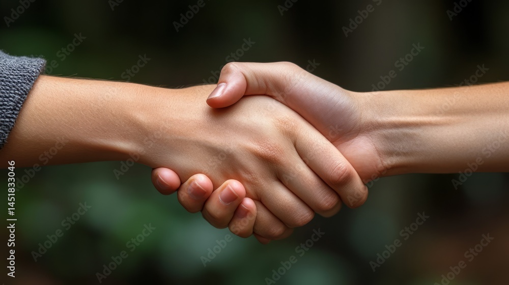 Handshake: A close-up shot of a firm handshake between two people, symbolizing agreement, partnership, and respect, set against a natural background. Handshake: A close-up shot of a firm handshake between two people, symbolizing agreement, partnership, and respect, set against a natural background.