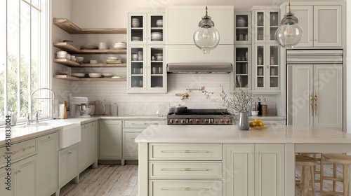 Bright, airy kitchen with island. Natural light illuminates custom cabinets, open shelving, and modern appliances. Warm and inviting interior design.