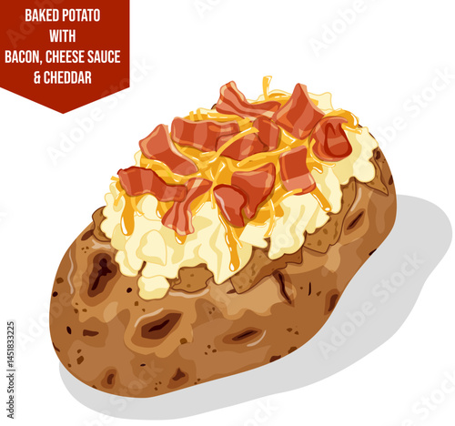 Jacket Potato with Bacon Bits, Cheese Sauce, and Shredded Cheddar – South American Baked Potato Detailed Vector Illustration