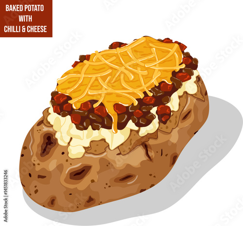 Spicy Baked Potato with Meaty Chili, Cheese Sauce and Cheddar. Traditional Jacket Potato Detailed Illustration