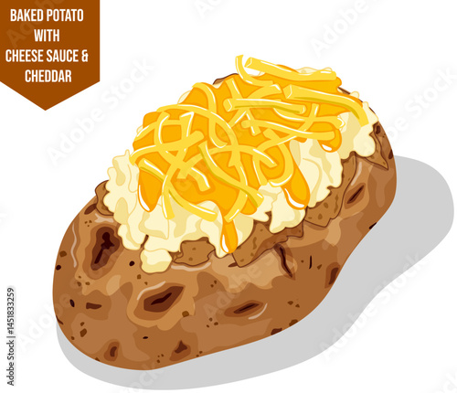 Jacket Potato with Cheese Sauce and Shredded Cheddar – Creamy Baked Potato Detailed Cartoon Vector Illustration