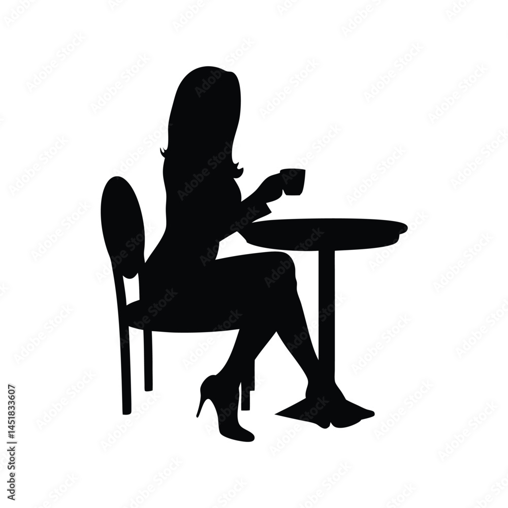 Fototapeta premium Silhouette of a woman sitting at a table enjoying a cup of coffee