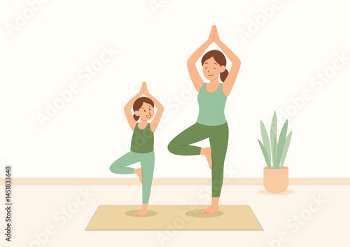 Mother and Daughter Practicing Yoga in Tree Pose – Flat Minimal Vector