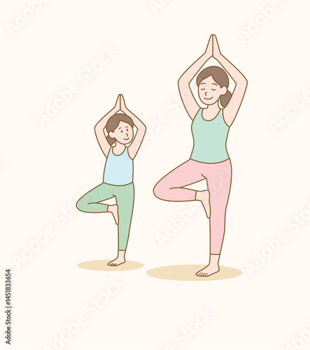 Mother and Daughter Practicing Yoga - Hand Drawn Pastel Illustration

