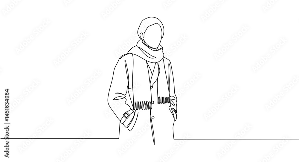 Minimalist line art of a person wearing a scarf and coat
