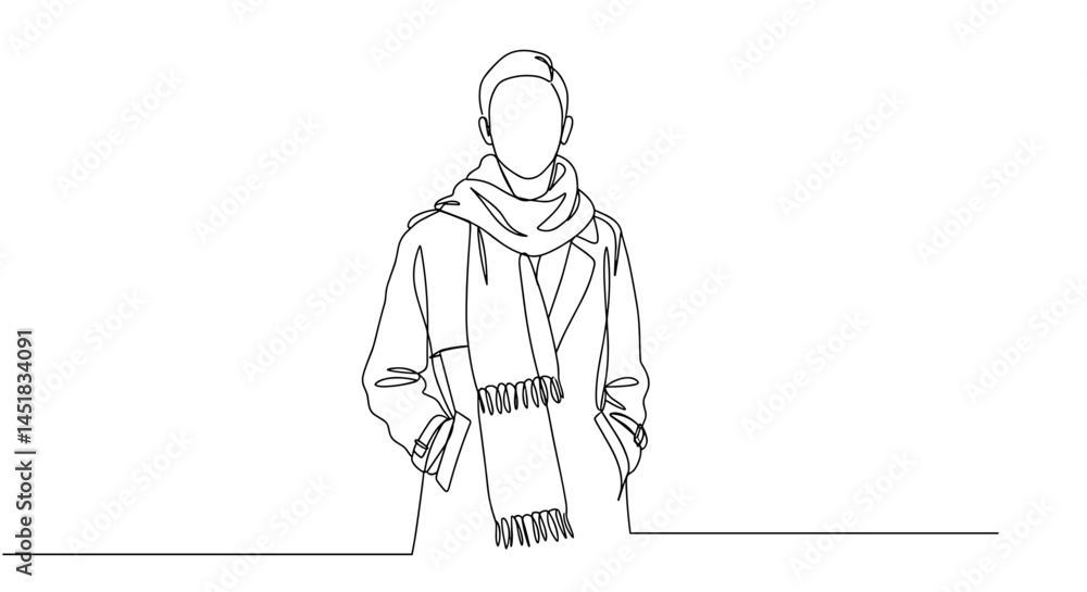 Minimalist line drawing of a person wearing a scarf