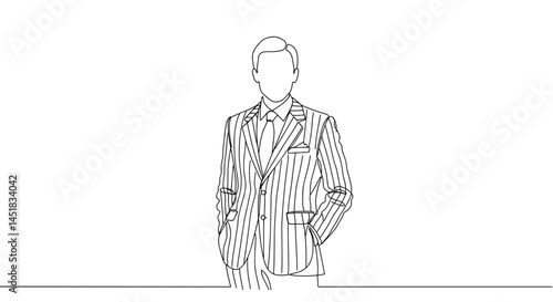 Stylish man in a striped suit standing confidently against white background  