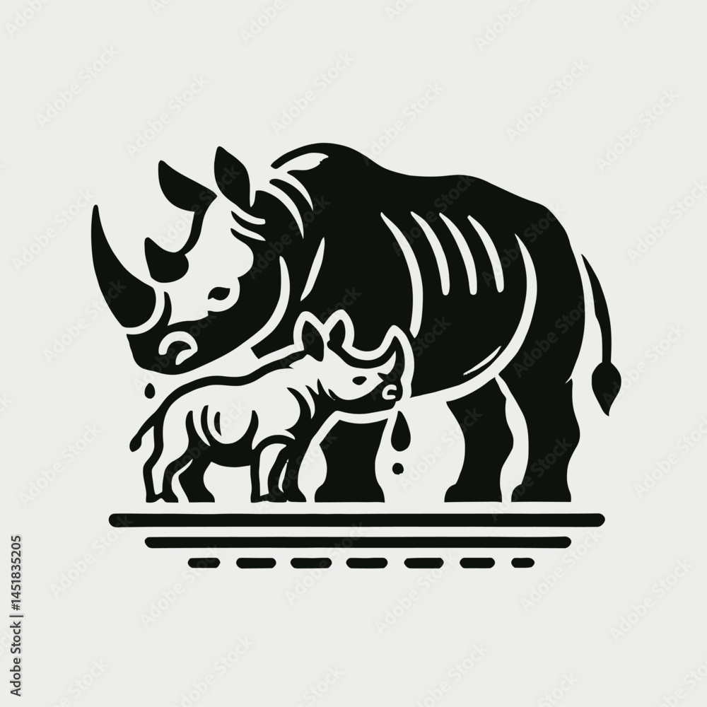 Fototapeta premium Rhinoceros Mother and Calf Drinking Water at Waterhole