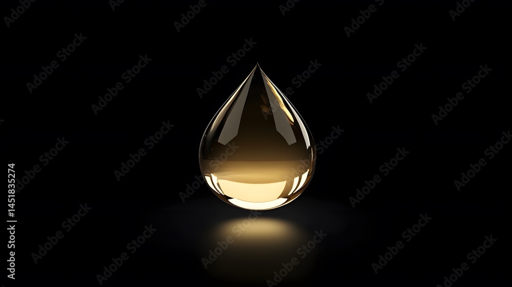 Fototapeta premium Golden Oil Drop Liquid Glossy Transparent Single Drop Black Background