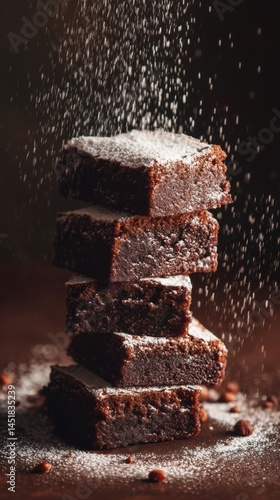 Stacked brownies dusted with powdered sugar.