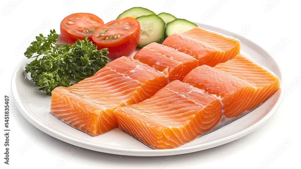 Fresh Salmon Fillets with Vegetables on White Plate Garnish Fresh Salmon Fillets with Vegetables on White Plate Garnish