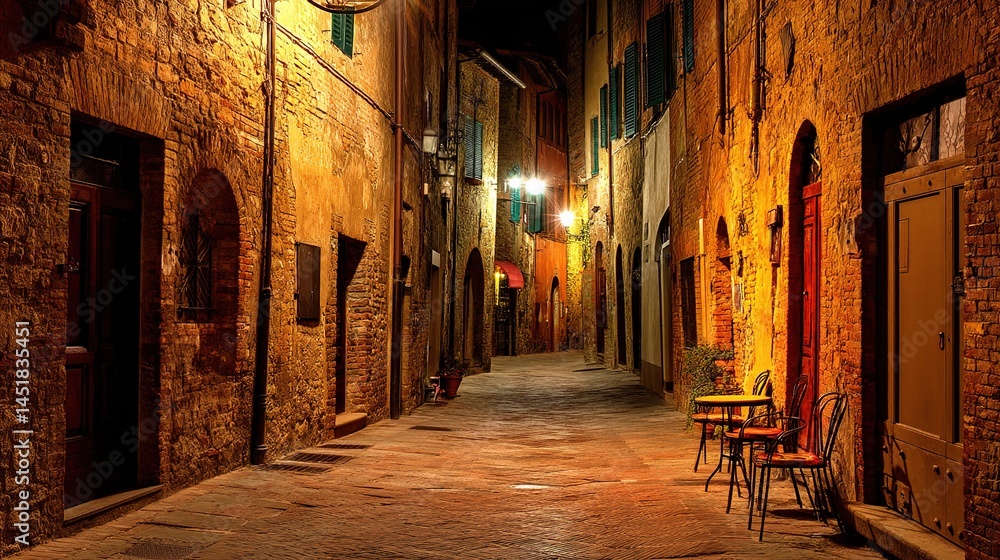 Fototapeta premium Serene Night Scene in Tuscany with Golden Street Lamps and Charm