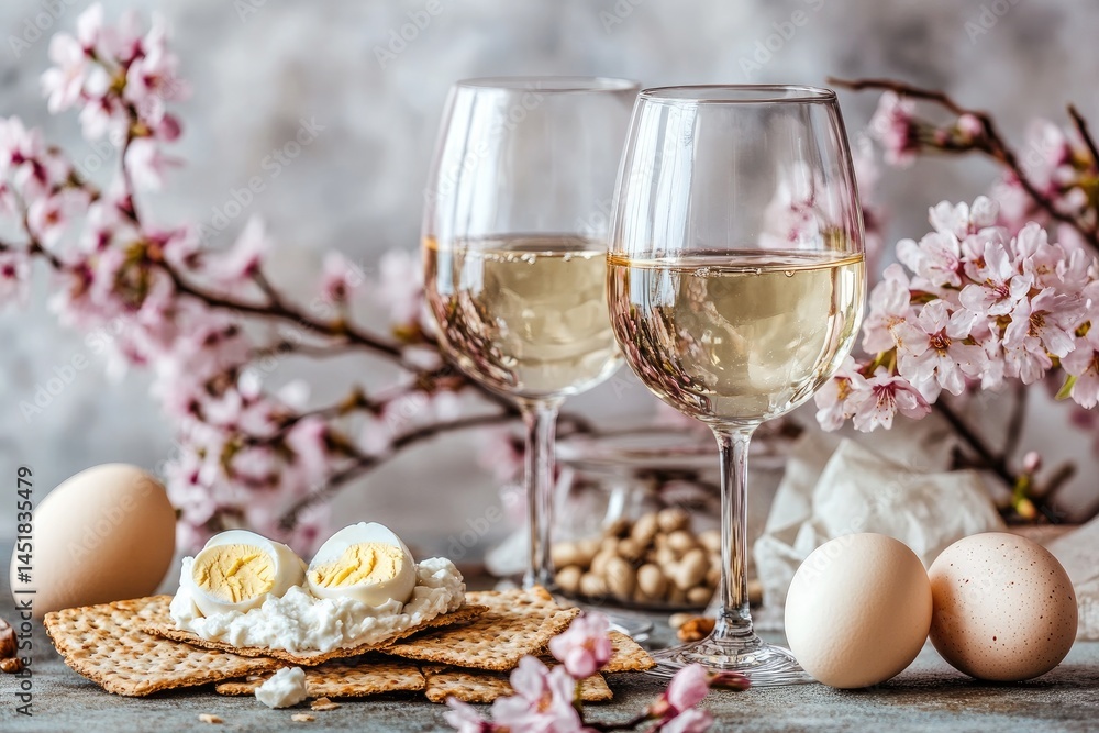Springtime brunch scene with crisp bread, creamy eggs, and white wine. Two glasses of chilled white wine, sliced boiled eggs, Springtime brunch scene with crisp bread, creamy eggs, and white wine. Two glasses of chilled white wine, sliced boiled eggs,