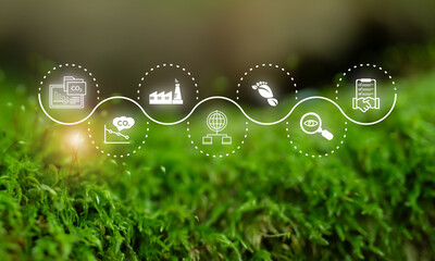 Carbon Data Open Protocol (CDOP) concept. Digital icons on green background representing CO2 tracking, environmental data integration and transparent carbon management through open data protocols.