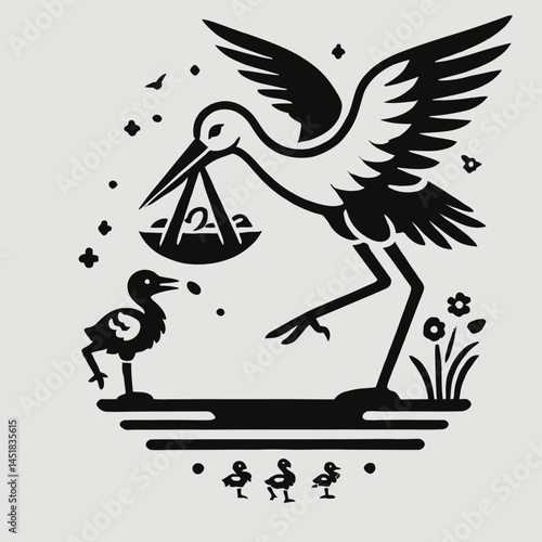 Stork Delivering Food to Her Chick in Nest