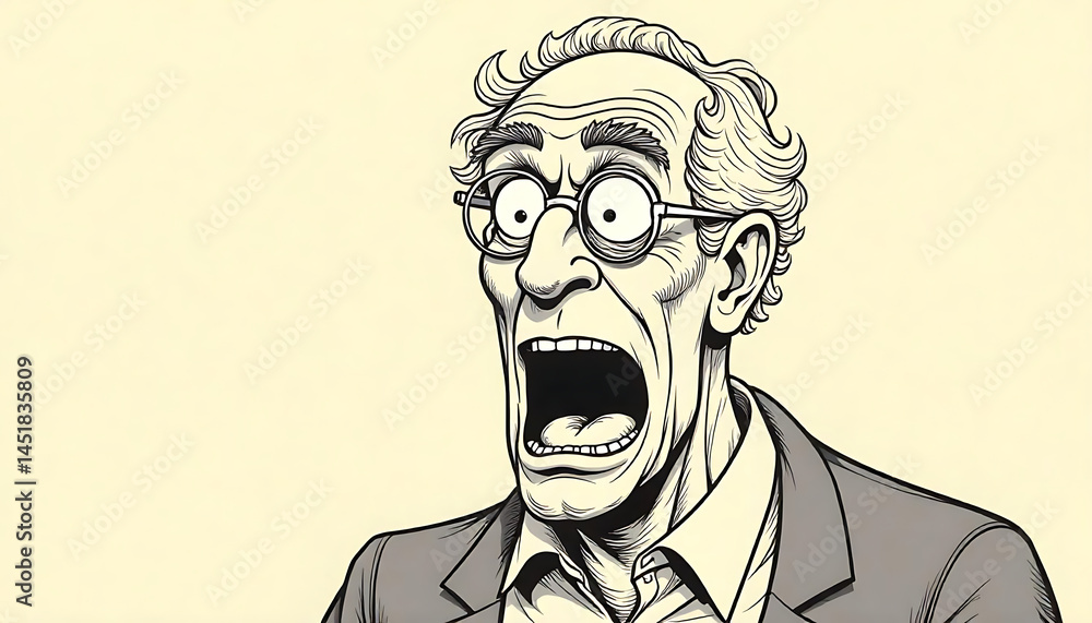 This illustration features a surprised elderly man with an open mouth and wide, shocked eyes. This illustration features a surprised elderly man with an open mouth and wide, shocked eyes.