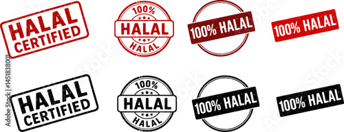 Vintage Halal Certified Stamp Set – 100% Halal Approval Grunge Style Badges – Islamic Food Label Icons – Distressed Rubber Stamp Vector Collection for Packaging, Labels, Branding, Product Design