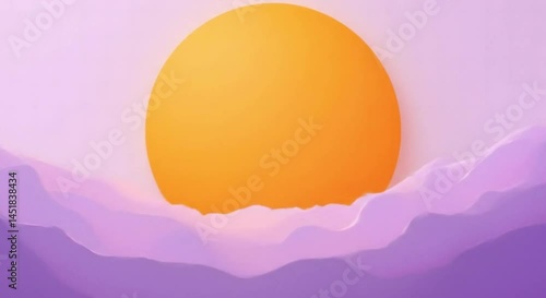 Beautiful sunset illustration with layered purple waves and bright yellow sun for copy space