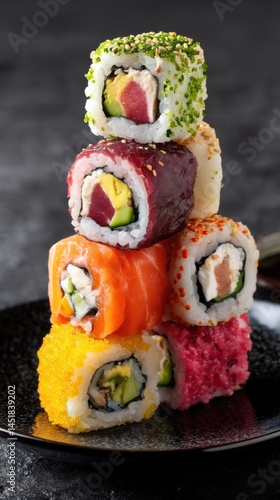 A colorful stack of sushi rolls