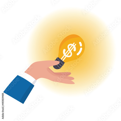Hand hold brightly lit money dollar lightbulb idea. Enlighten money idea, investment and savings with high profit, business idea to make money or profit. Hand hold brightly lit money dollar lightbulb