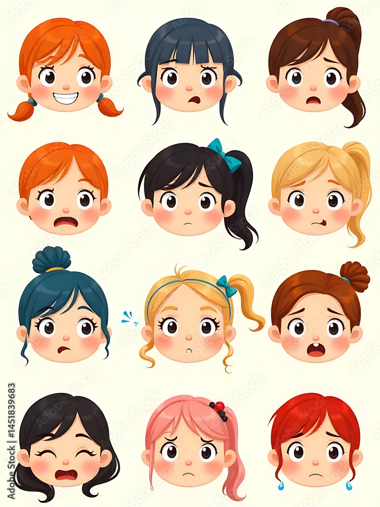 A collection of diverse and expressive cartoon girl faces, each displaying a unique emotion. A collection of diverse and expressive cartoon girl faces, each displaying a unique emotion.