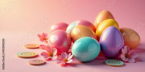 Pastel-colored eggs nestled amongst delicate blossoms and decorative swirls on a soft pink background, a vibrant springtime scene.
