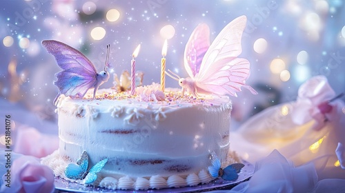 A beautifully decorated birthday cake adorned with colorful butterflies and candles, set against a dreamy, softly lit background with sparkling lights, perfect for celebration themes