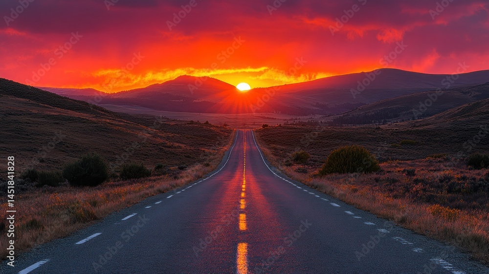 Sunset road through mountains. Vivid colors, open road Sunset road through mountains. Vivid colors, open road