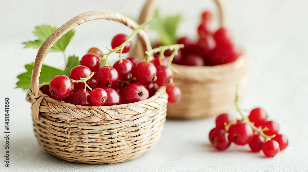 Ripe juicy red currants in wicker basket on a table. White background. Organic gardening Ripe juicy red currants in wicker basket on a table. White background. Organic gardening