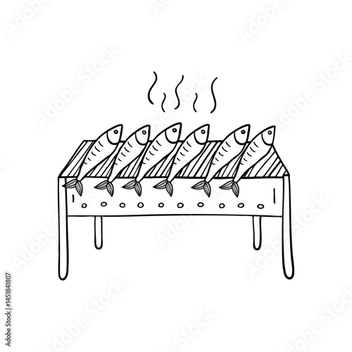 Sardines lined up on a grill at a beach stall