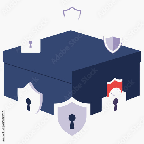 Secure Data Vault: A symbolic illustration depicts a sturdy blue box, representing data storage, surrounded by multiple shields and keyhole symbols, representing secure protection and encryption.