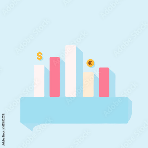 Financial Data Visualization: A stylized illustration presents financial data, using colorful bar graphs and currency symbols to represent economic concepts like growth and decline.