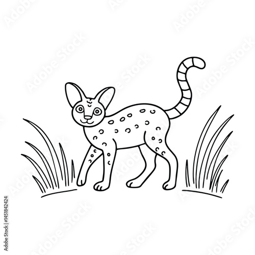 A Savannah cat playing with a feather toy on the floor