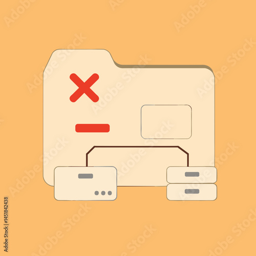 Deleted File Icon:  A simple, flat-design illustration of a file folder icon with a red X signifying deletion, connected to a server and storage device, symbolizing data loss or file removal.