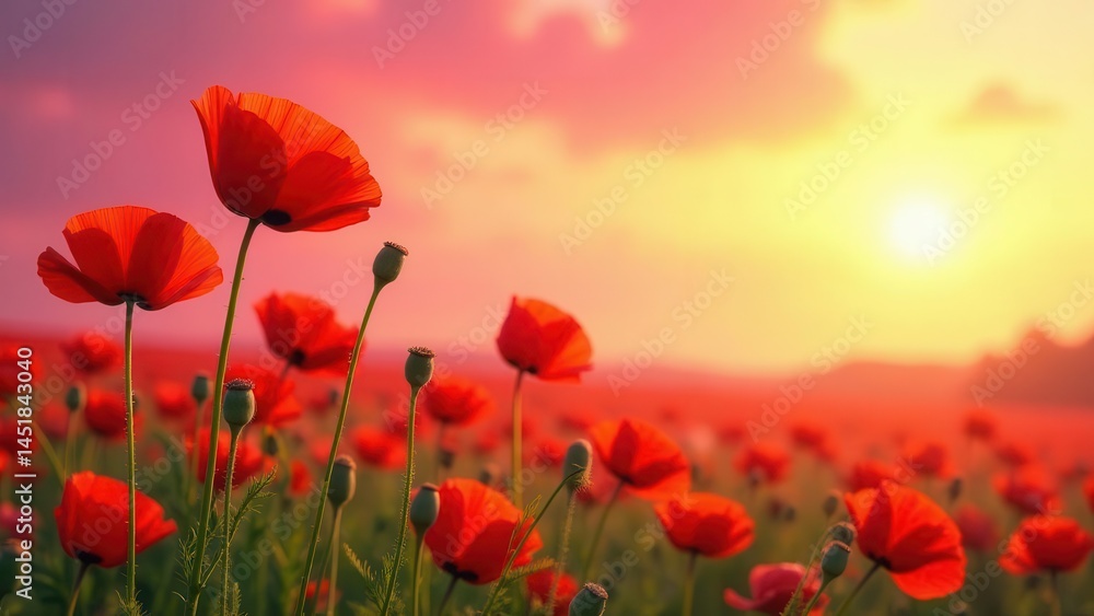 Fototapeta premium Vibrant red poppies sway gently in a breathtaking sunset landscape, their delicate petals illuminated by the warm golden light, creating a serene and picturesque scene of natural beauty.