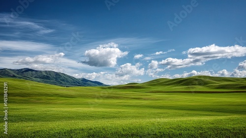 Scenic Summer Pastures with Green Fields Beneath a Blue Sky