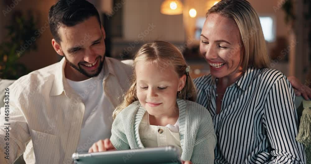 Tablet, relax and parents with child in home at night or playing educational game together with bonding. Happy, love and family with online learning on app with digital technology in living room. Tablet, relax and parents with child in home at night or playing educational game together with bonding. Happy, love and family with online learning on app with digital technology in living room.