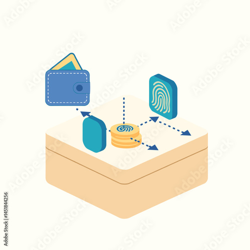 Digital Financial Ecosystem: Modern illustration showcasing the interconnectedness of financial concepts, highlighting digital wallet, biometric authentication, and secure transactions.