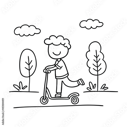 A child riding a scooter along a quiet sidewalk