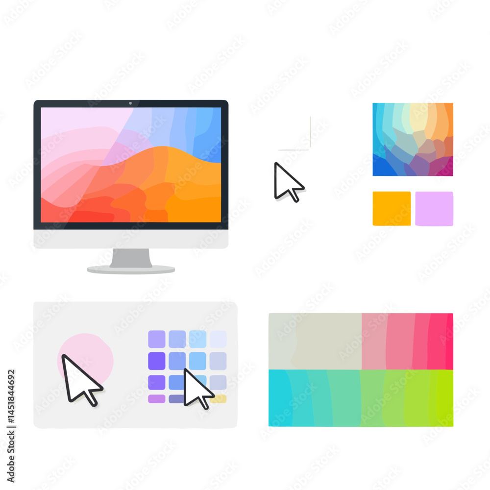 Digital Design Workspace: A digital design workspace with monitor and mouse cursor, showcasing a range of color palettes, perfect for creative projects and digital artistry. Digital Design Workspace: A digital design workspace with monitor and mouse cursor, showcasing a range of color palettes, perfect for creative projects and digital artistry.