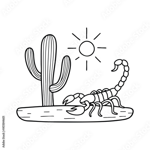 A scorpion pausing beside a cactus in a quiet landscape