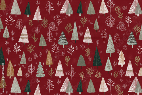 festive Christmas-themed wallpaper featuring a repeating pattern of stylized trees and foliage on a deep red background.