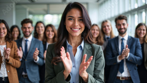 Indian HR leader with supportive team applauding new joiners in welcoming gesture during onboarding at modern inclusive corporate office