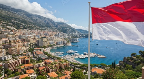 Wallpaper Mural Waving Monegasque Flag Symbolizing Glamour and Heritage Against the Azure Mediterranean Sea Coastline Torontodigital.ca