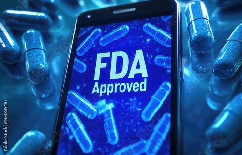 Smartphone displaying FDA approval, surrounded by blue medicine capsules