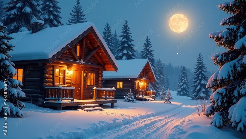 Fototapeta premium Winter Wonderland Cozy Cabin Retreat Under a Full Moon's Glow in a Snow-Covered Forest