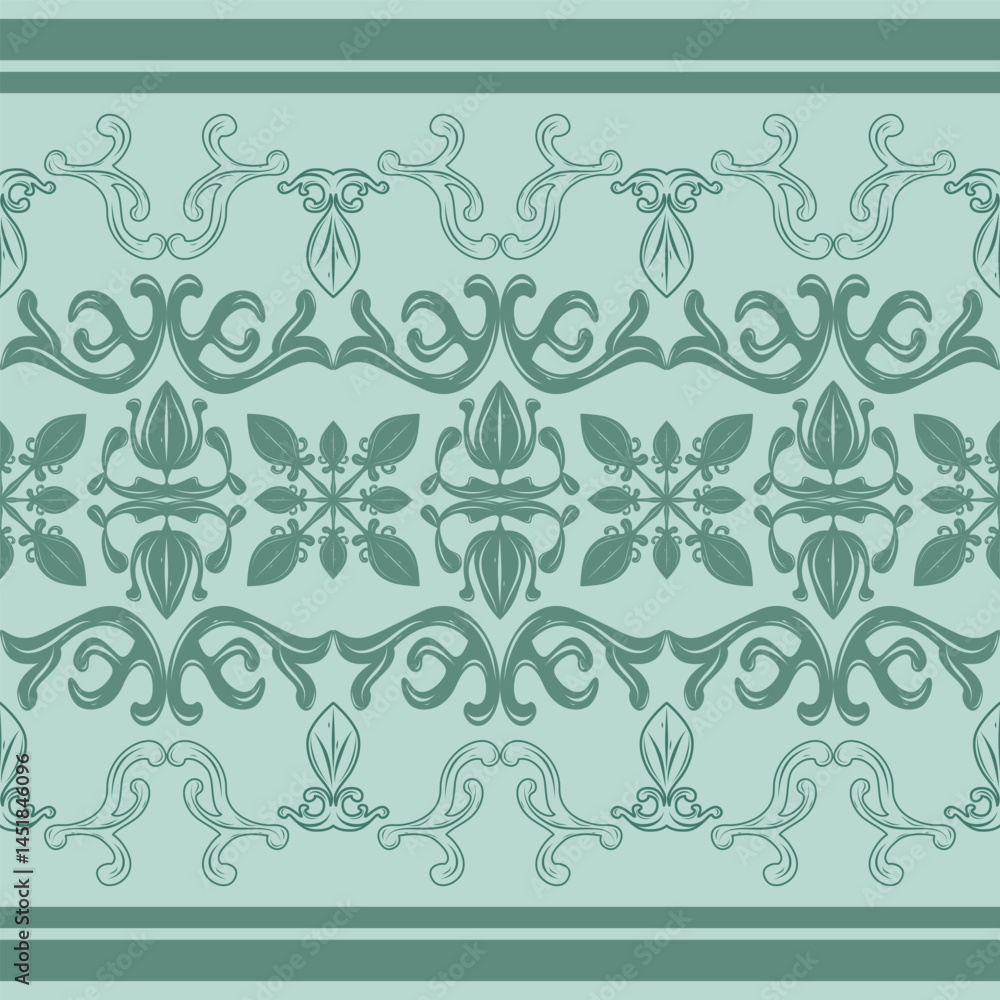Grandiose Ornament Scroll like in the sea and ocean inspired Delicate hand drawn floral with green filigree on turquoise background pattern border for luxury noble art work needlecraft carpet textiles Grandiose Ornament Scroll like in the sea and ocean inspired Delicate hand drawn floral with green filigree on turquoise background pattern border for luxury noble art work needlecraft carpet textiles