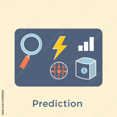 Prediction Visualization: A graphic illustration that showcases the concept of prediction with symbols like magnifying glass, lightning bolt, data bar chart, circuit and data storage unit.